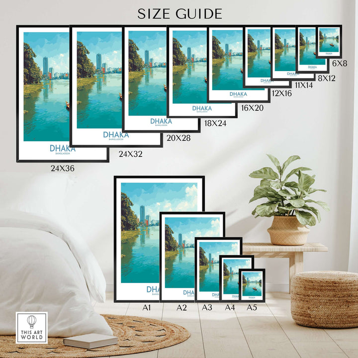 Size guide for Dhaka Buriganga River poster in various dimensions, ideal for home décor.