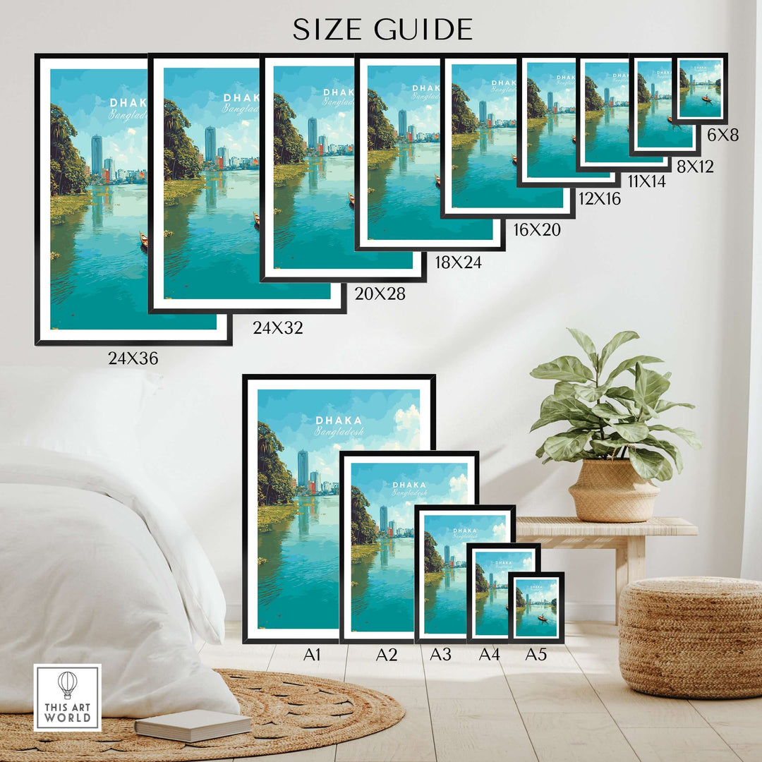 Size guide for Dhaka river city view print showing various frame sizes in a cozy living space.