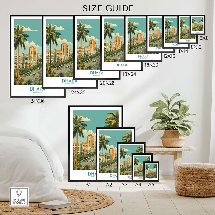 Size guide for Dhaka Bangladesh cityscape wall art featuring various frame sizes and tropical decor.