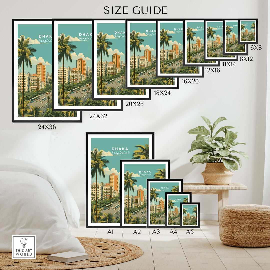 Dhaka Bangladesh poster size guide for modern city landscape prints in various frame sizes.