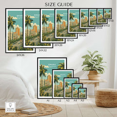 Dhaka Bangladesh Poster - Modern City Landscape Print size guide with various frame options and dimensions.