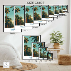 Dhaka Bangladesh Poster - Bangladeshi Travel Scene size guide with various frame dimensions and palm trees.