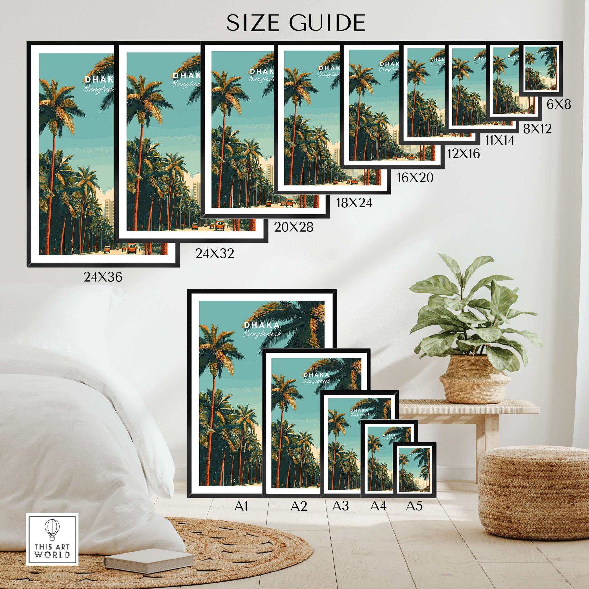 Dhaka Bangladesh Print - City Life Wall Art size guide with various frame options displayed.