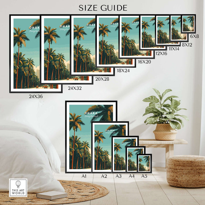 Size guide for Dhaka Bangladesh Print featuring various frame sizes for city life wall art.