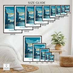 Glasgow Clock Tower Cityscape Poster - Scottish Travel Decor size guide with various poster dimensions