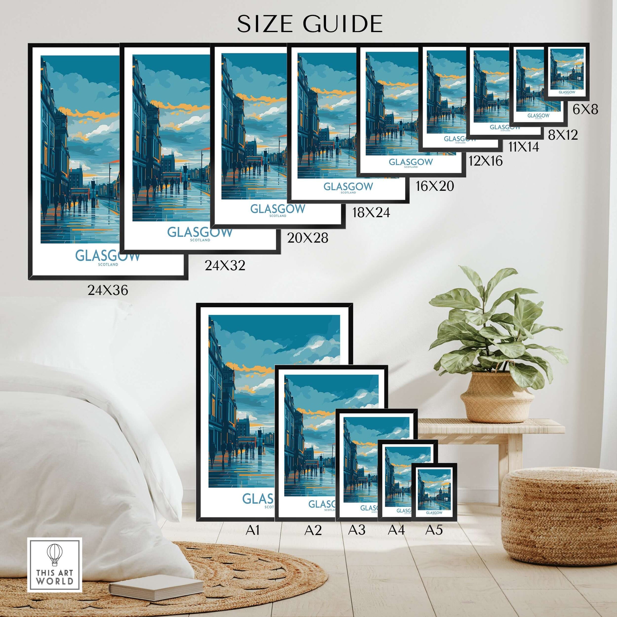 Glasgow Clock Tower Cityscape Poster - Scottish Travel Decor size guide with various poster dimensions