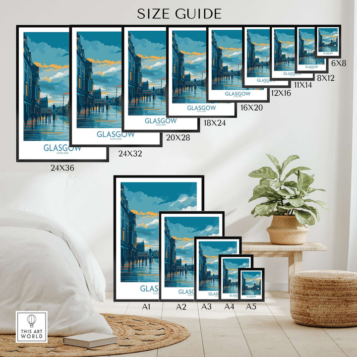 Size guide for Glasgow Clock Tower Cityscape Poster showcasing available dimensions in a stylish home setting.