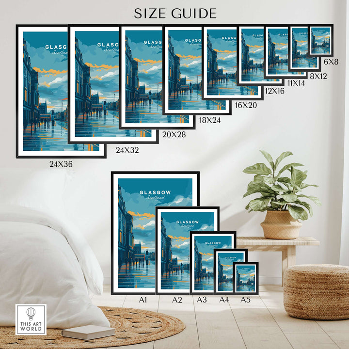 Size guide for Glasgow City Street at Dusk art prints in various frame sizes displayed in a cozy interior.