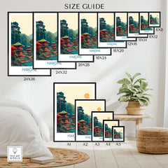 Hakone Japan Lake Ashi Temple Print - Japanese Pagoda Wall Art size guide showing various frame options.