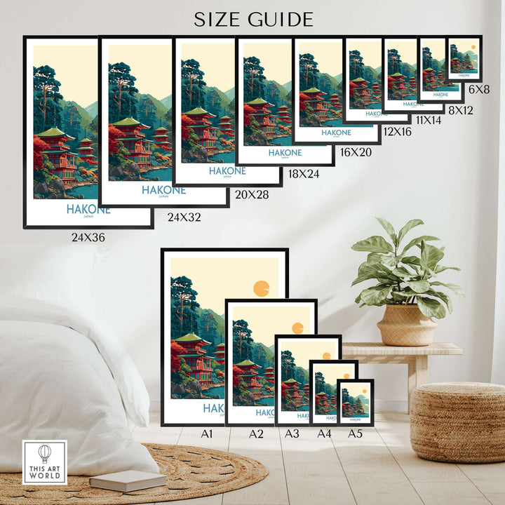 Size guide for Hakone Japan Lake Ashi temple print showcasing various frame sizes and designs.