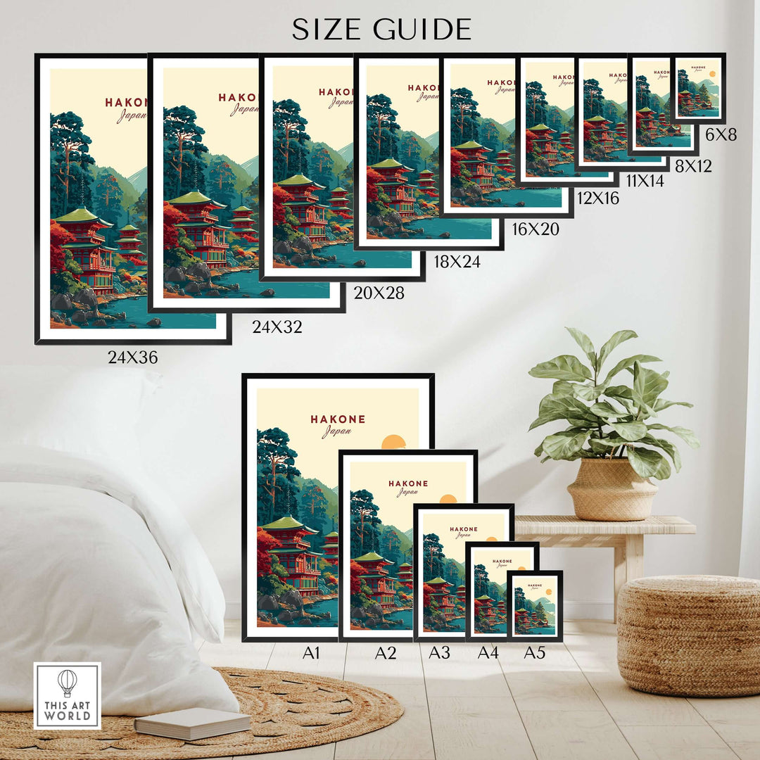 Size guide for Hakone Japan Lake Ashi Temple print showcasing various frame sizes for wall art display.