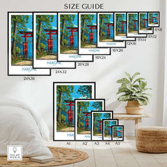 Hakone Japan Iconic Torii Print - Japanese Scenic Landscape Decor size guide with various frame options.