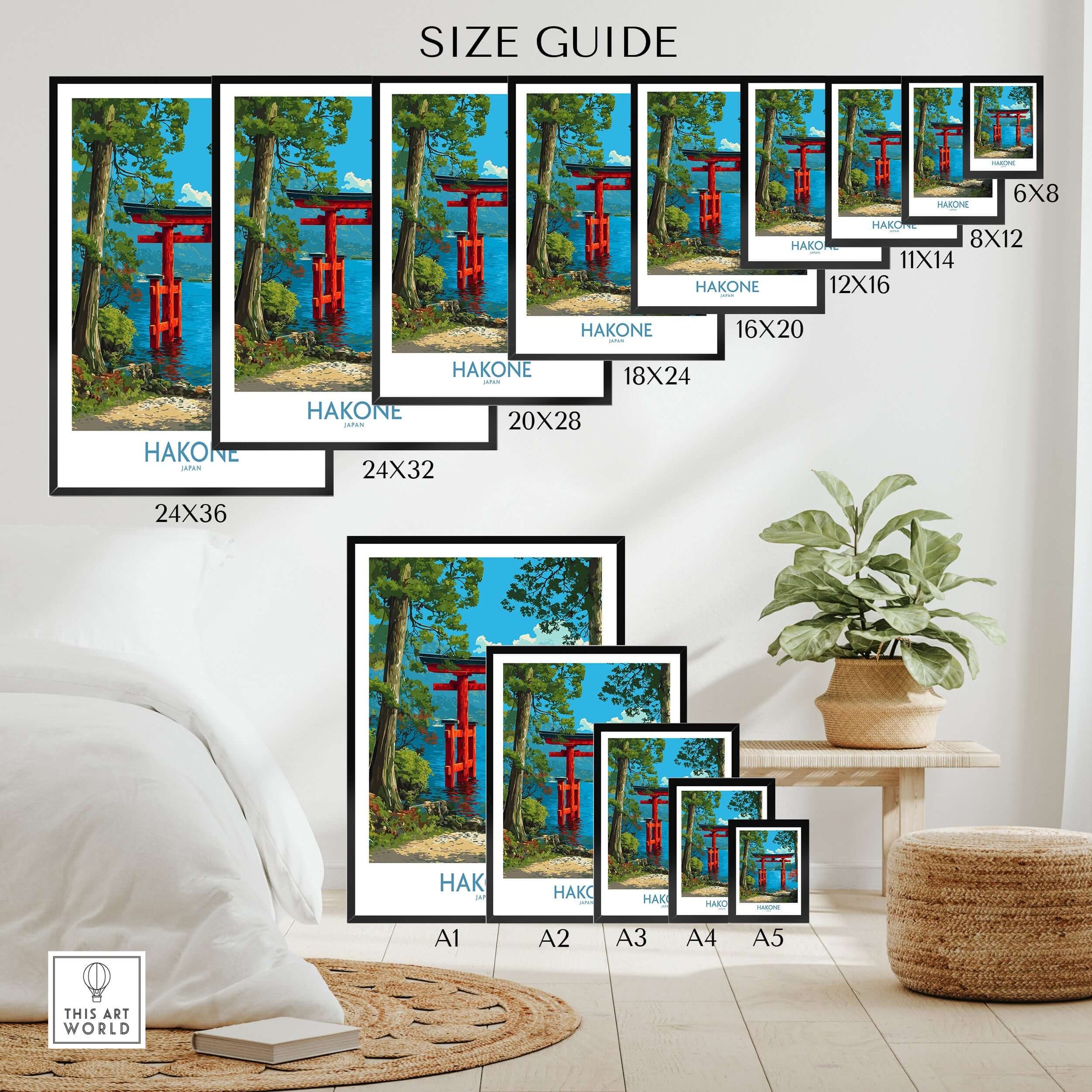 Hakone Japan Iconic Torii Print - Japanese Scenic Landscape Decor size guide with various frame options.
