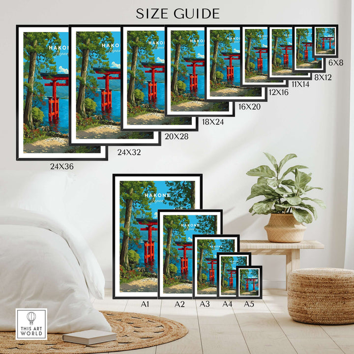 Size guide for Hakone Japan Lake Ashi Torii Gate poster in various dimensions, showcasing wall art options.
