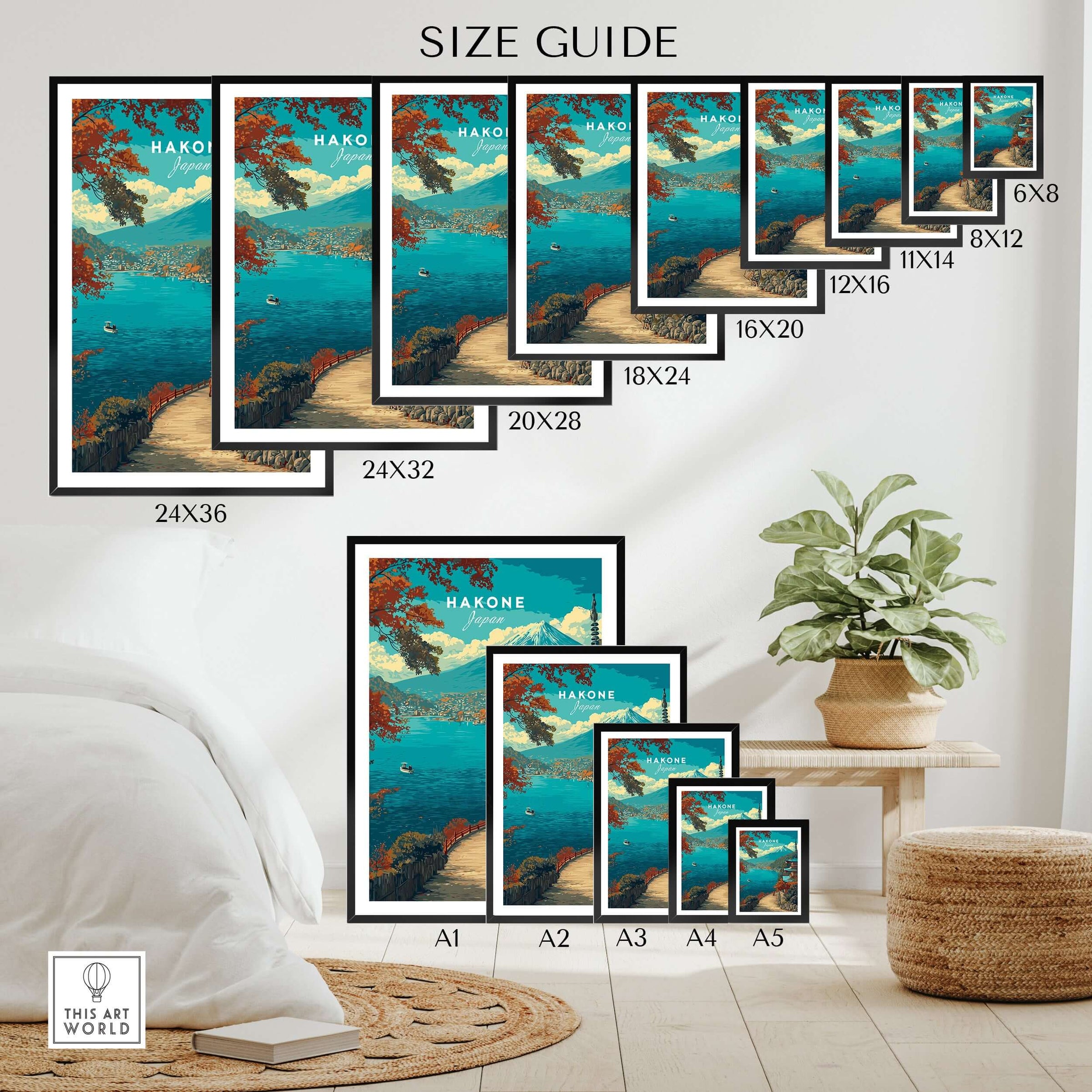 Size guide for Hakone Print Japan Lake View Pagoda - Mount Fuji Scenic Poster in various frame sizes on display.