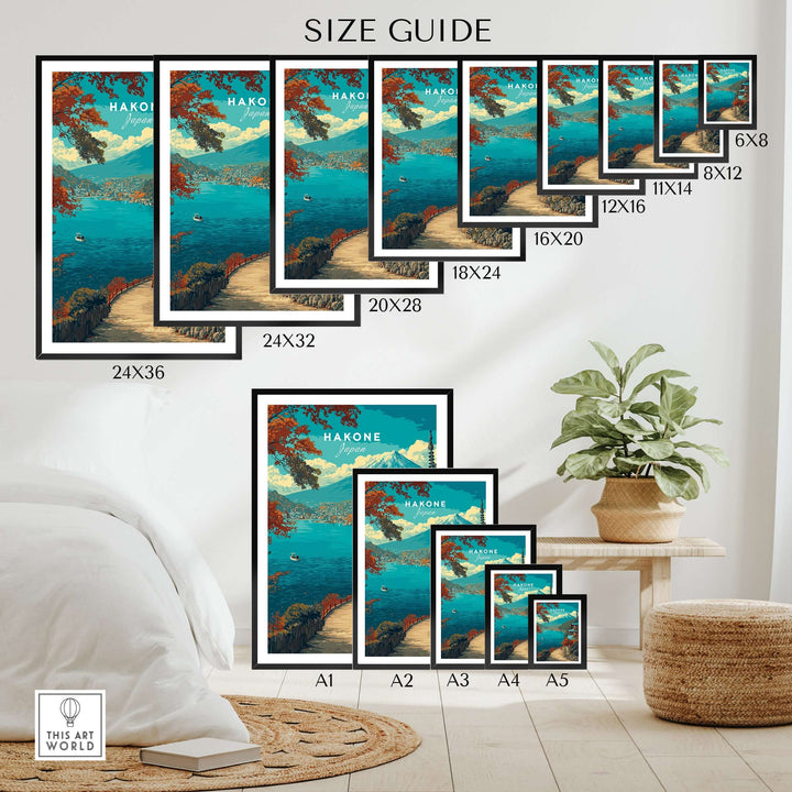 Size guide for Hakone Print Japan Lake View Pagoda in various dimensions, showcasing framing options and decor ideas.