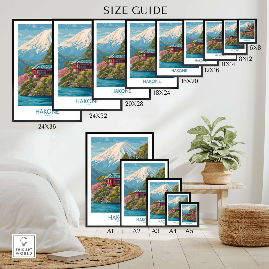 Size guide for Hakone Japan wall art print showcasing various frame sizes and beautiful landscape design.