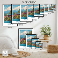 Hakone Japan Wall Art - Japan Travel Print size guide showcasing available frame sizes for decor options.