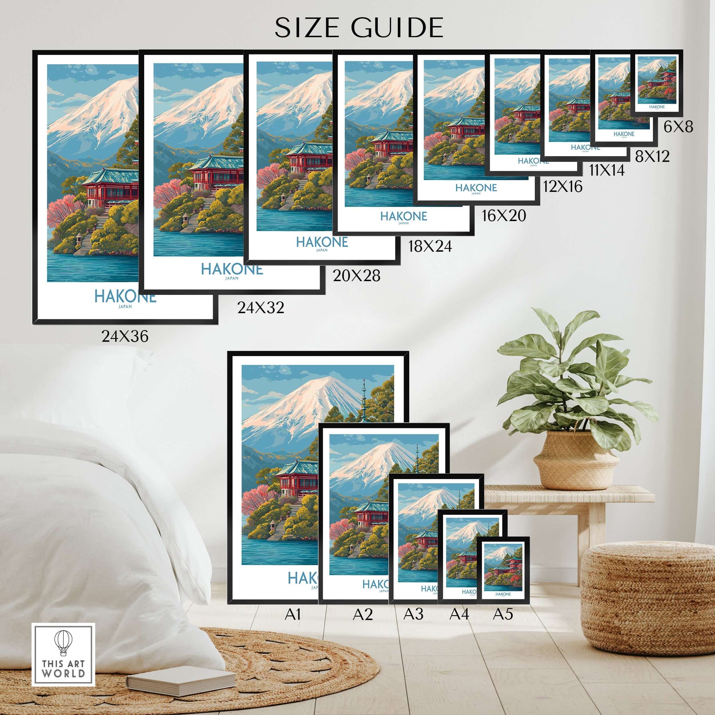 Hakone Japan Wall Art - Japan Travel Print size guide showcasing available frame sizes for decor options.