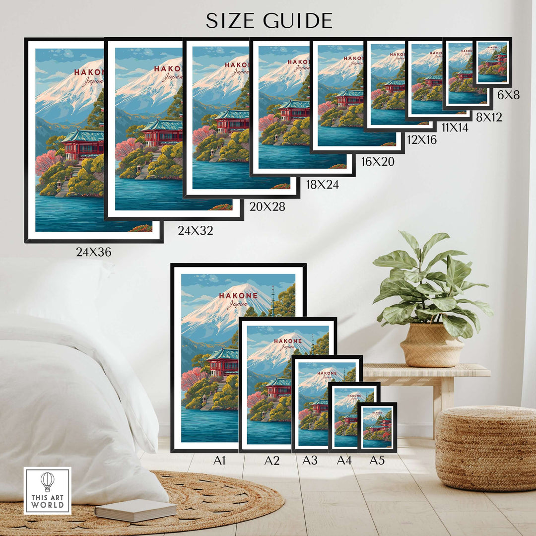 Size guide for Hakone Japan print featuring Lake Ashi and Mount Fuji, showcasing various frame options.