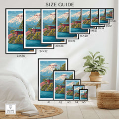Size guide for Hakone Japan Print Historic Shrine Lake Ashi Art - Mount Fuji Pagoda Poster framed options.