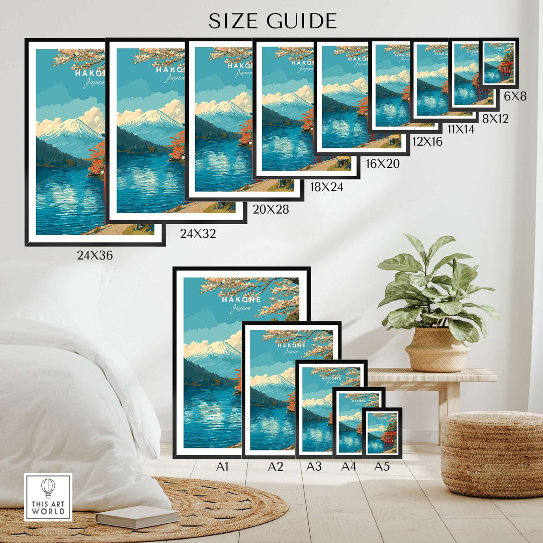 Size guide for HakonePrint Japan Peace Shrine Torii artwork featuring various frame sizes for Mount Fuji Lake Ashi poster.