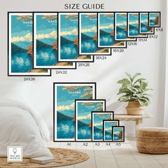 Size guide for HakonePrint Japan Peace Shrine Torii Artwork - Mount Fuji Lake Ashi Poster in various dimensions.