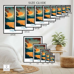 Size guide for Hakone Japan Wall Art Lake Ashi Print - Japanese Spiritual Poster showcasing available dimensions.
