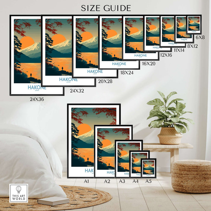 Size guide for Hakone Japan Lake Ashi wall art print showcasing various frame sizes.