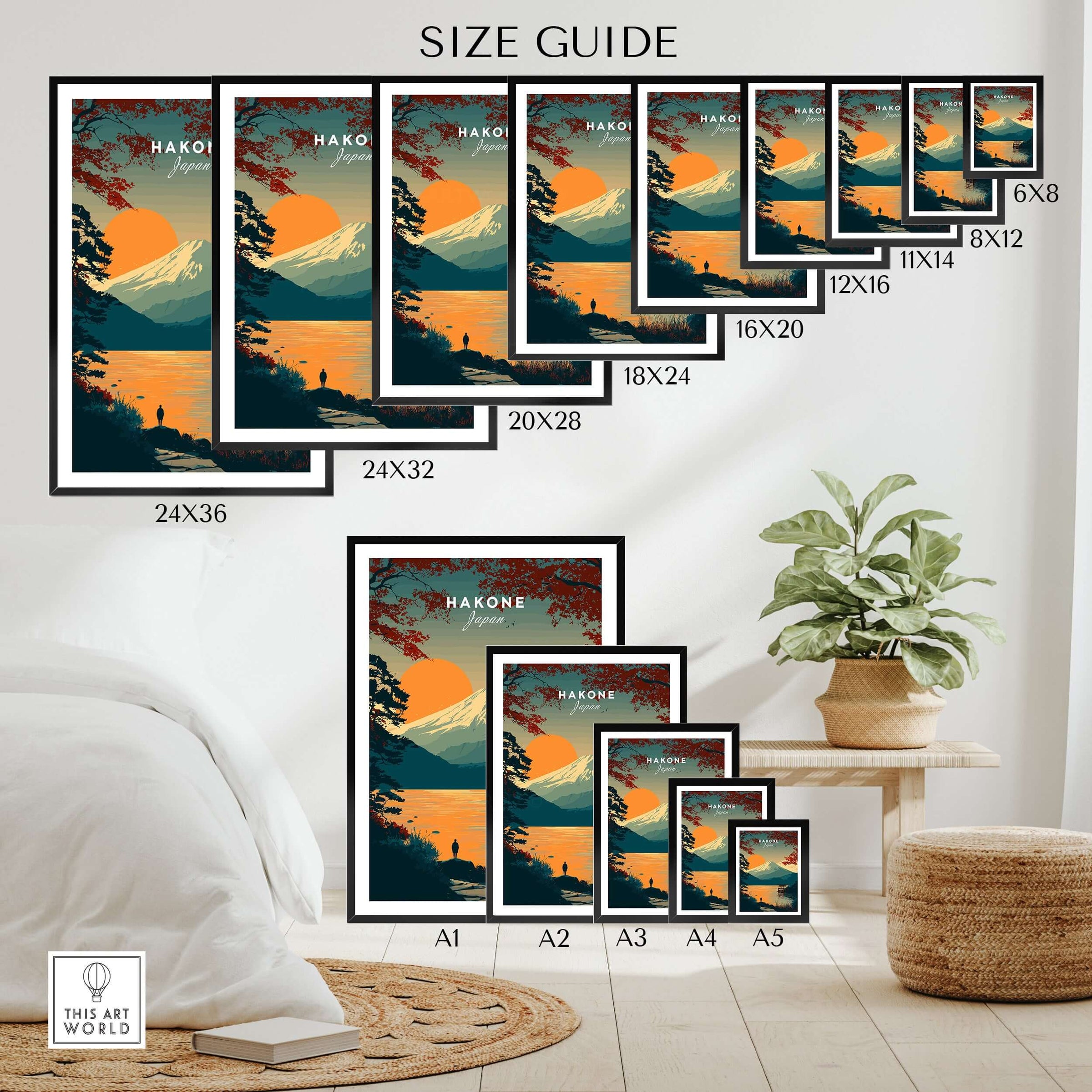 Size guide for Hakone Japan Torii Gate Sunset Poster - Mount Fuji Lake Scene Print in various dimensions.