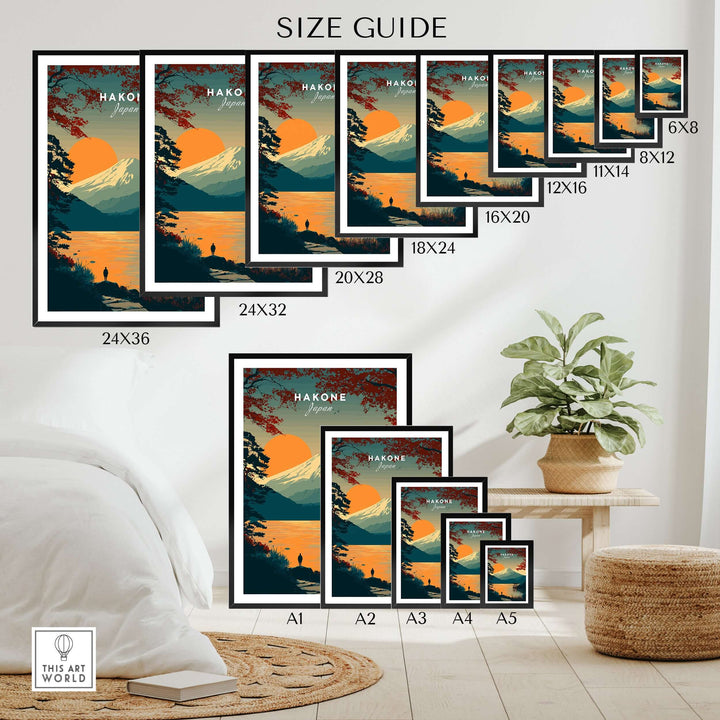Size guide for Hakone Japan Torii gate sunset poster prints featuring various dimensions for Mount Fuji lake scene.