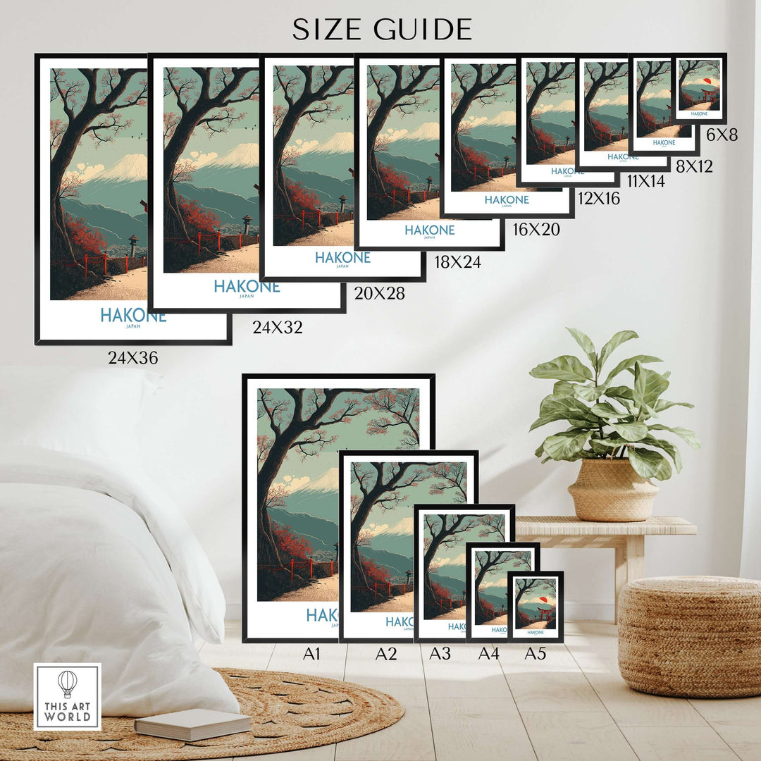 Size guide for Hakone Japan wall art featuring autumn colors and cherry blossoms in various frame sizes.