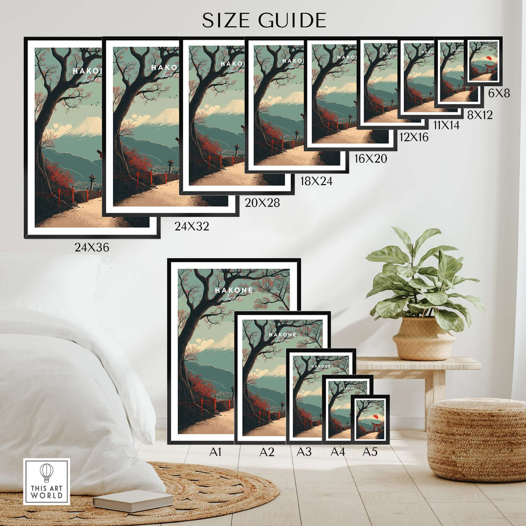 Size guide for Hakone Torii Gate Mount Fuji print in various dimensions, displayed in a stylish interior setting.