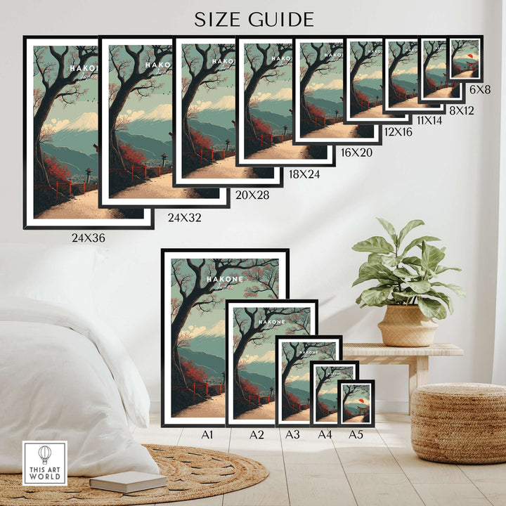 Size guide for Hakone Torii Gate Mount Fuji print in various dimensions, displayed in a stylish interior setting.
