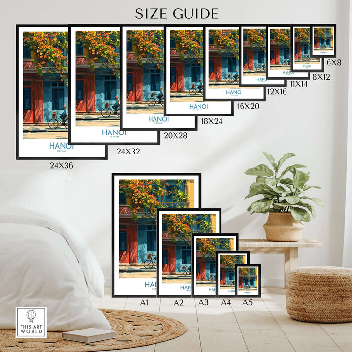 Hanoi wall art size guide showcasing various poster sizes for beautiful Vietnam decor.