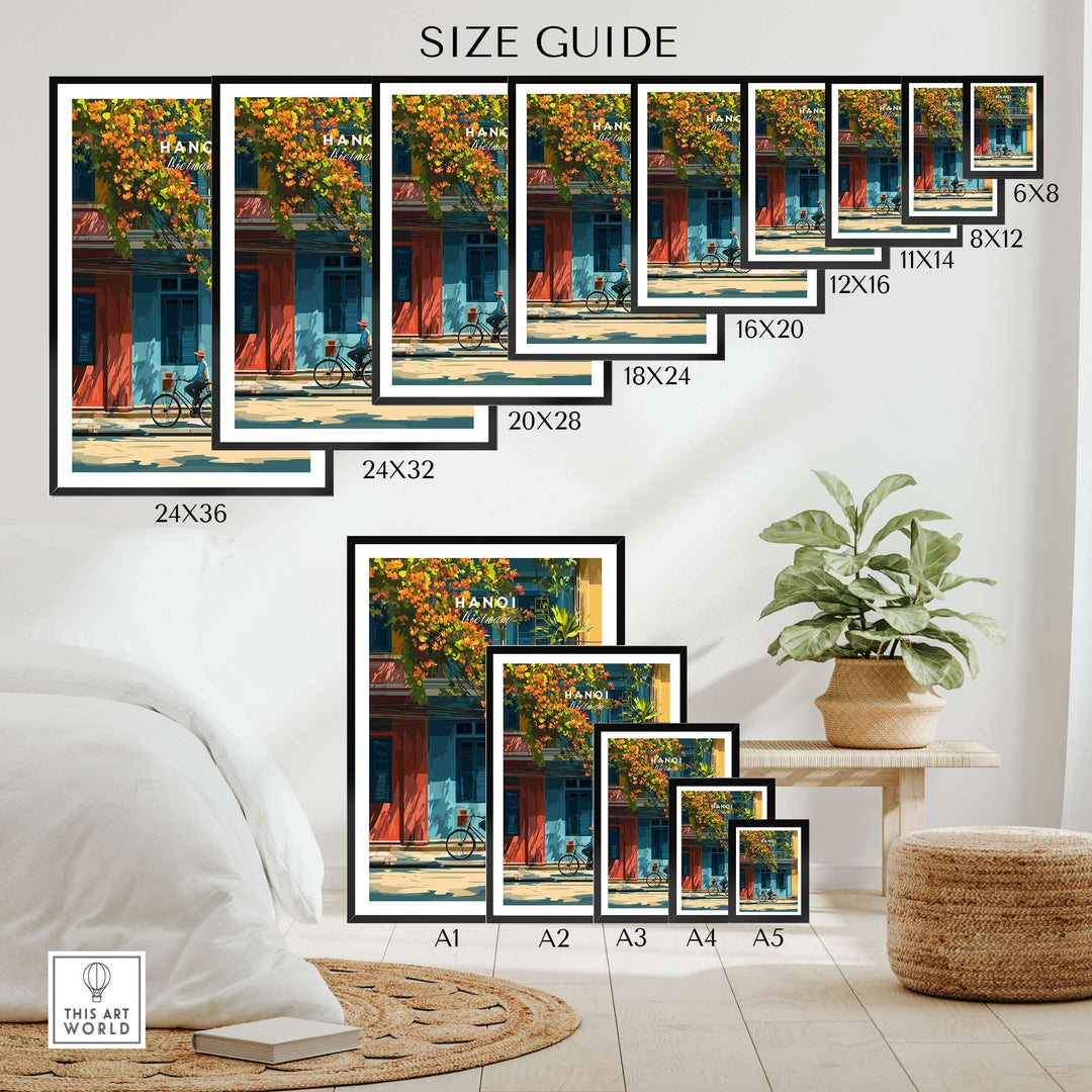 Size guide for vibrant Hanoi Vietnam print showcasing various frame sizes in a stylish interior setting.