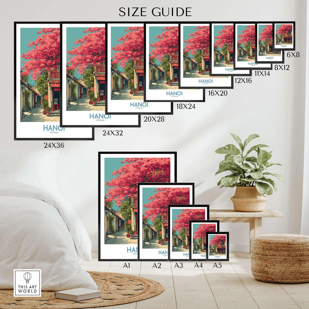 Size guide for Hanoi Vietnam poster featuring iconic landmarks and colorful scenes in various frame sizes.