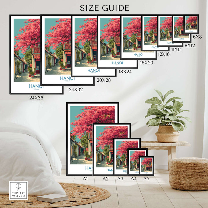 Size guide for Hanoi Vietnam poster featuring iconic landmarks and colorful scenes in various frame sizes.