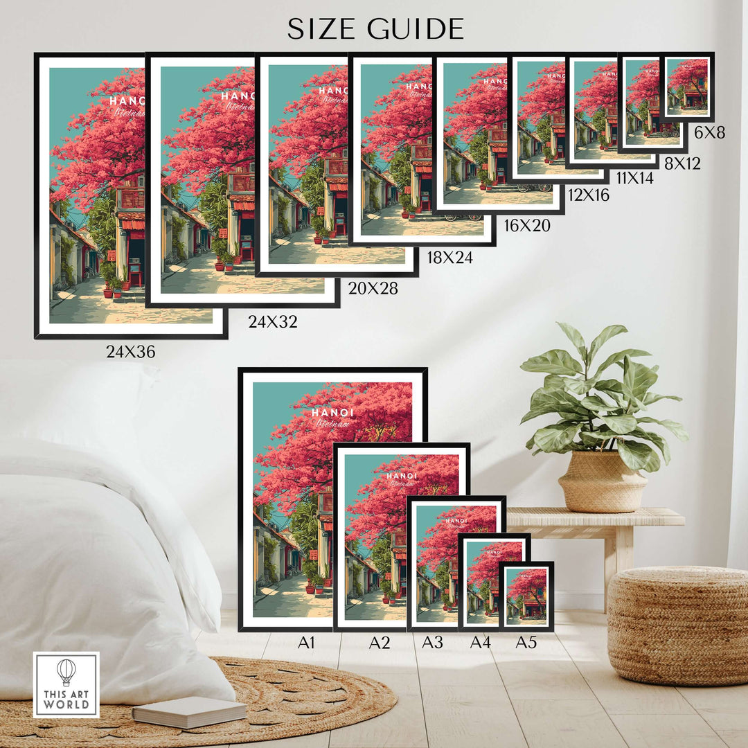 Size guide for Hanoi Vietnam cherry blossom print wall art with various frame sizes displayed in a stylish room.