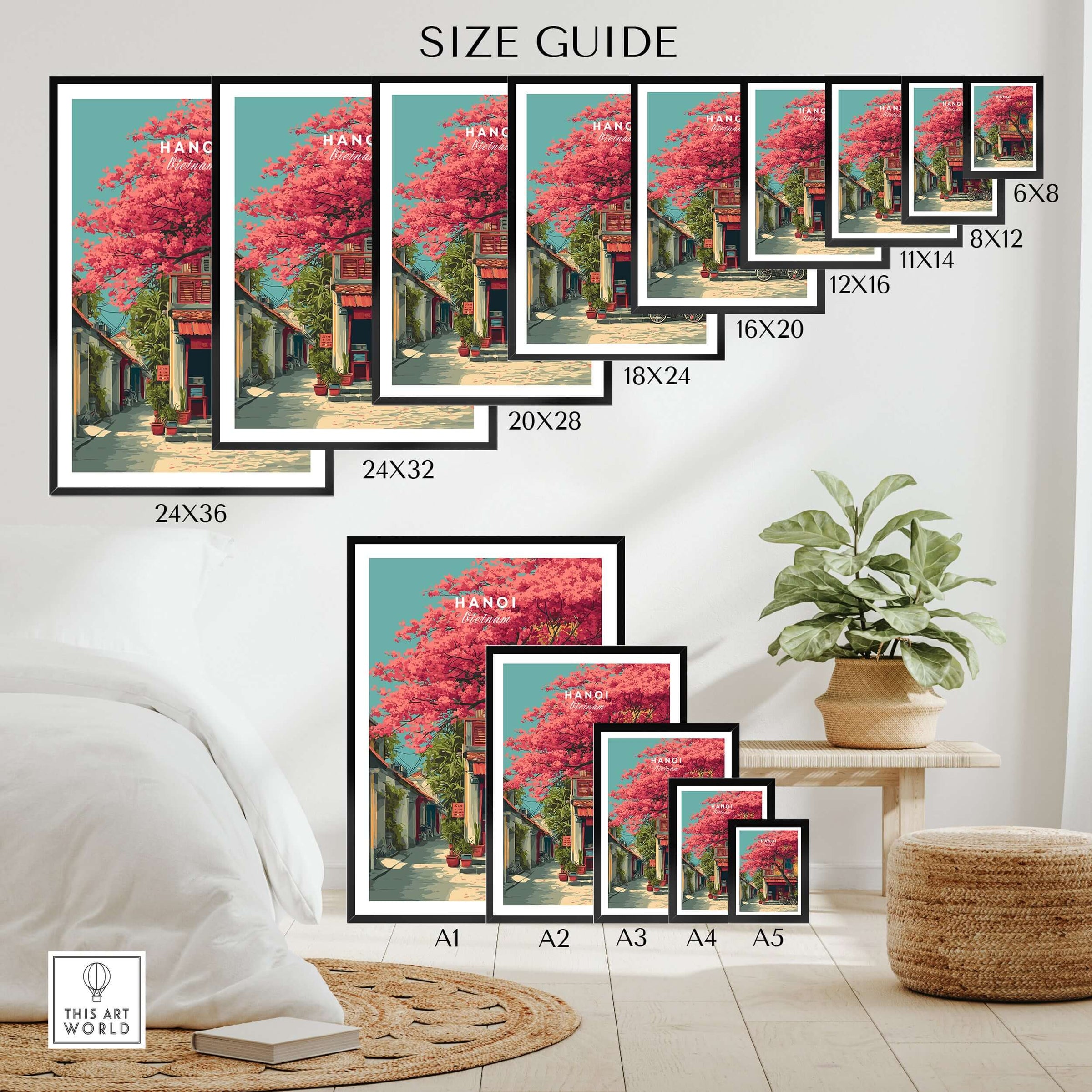 Hanoi Vietnam Print Cherry Blossom Street - Colorful City Wall Art size guide showcasing various frame sizes.