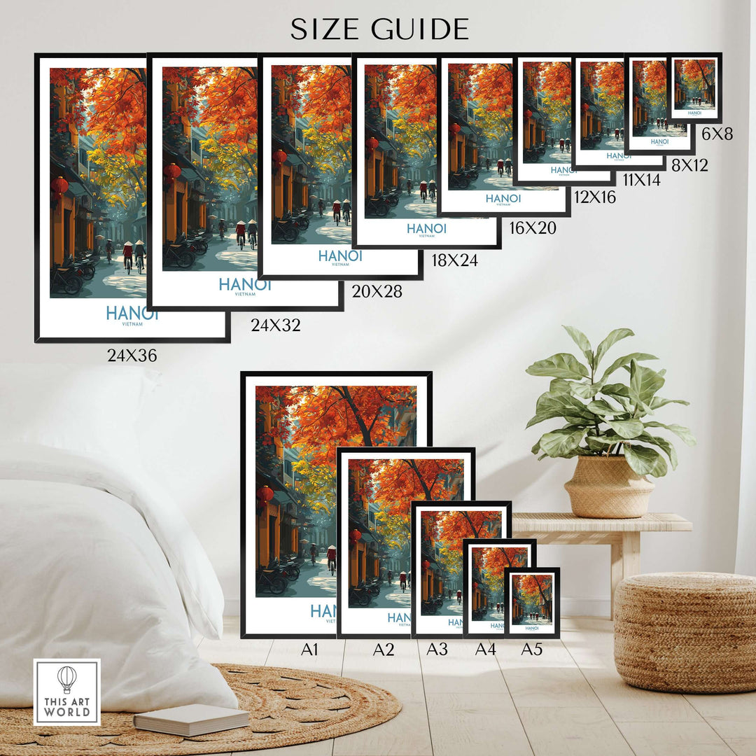 Size guide for Hanoi wall art displaying various frame dimensions against a stylish home interior.