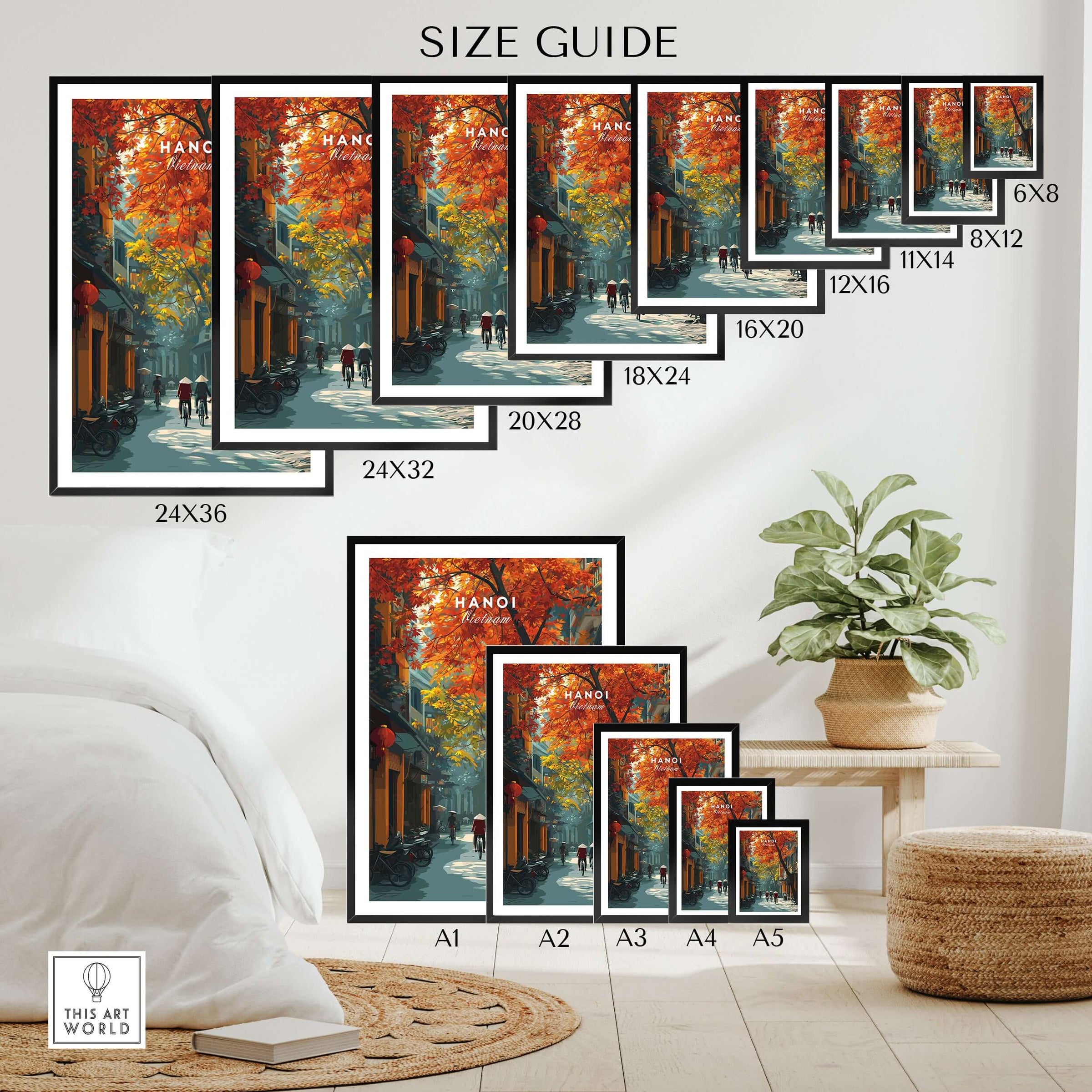 Hanoi Poster Vietnam- Iconic City Street Print size guide displaying various dimensions for home decor.