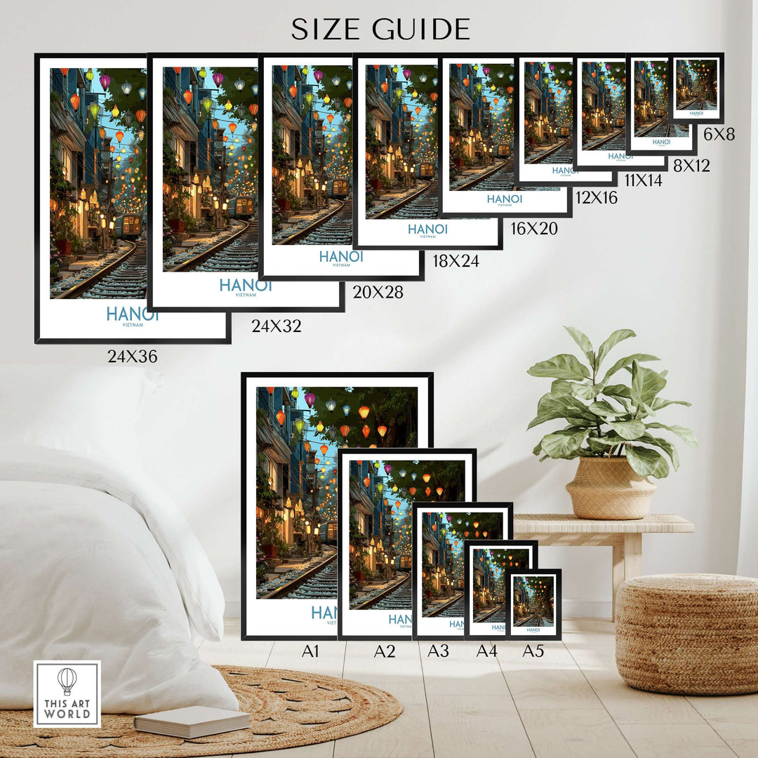 Size guide for Hanoi Vietnam Train Street wall art prints showcasing various dimensions and vibrant design.