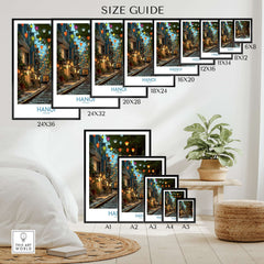 Hanoi Vietnam Train Street Wall Art - Hanoi Travel Print size guide showcasing print dimensions in a stylish room.