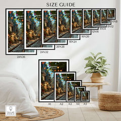 Hanoi Vietnam Train Street Print - Hanoi Poster size guide showing various frame sizes for vibrant cityscape artwork.