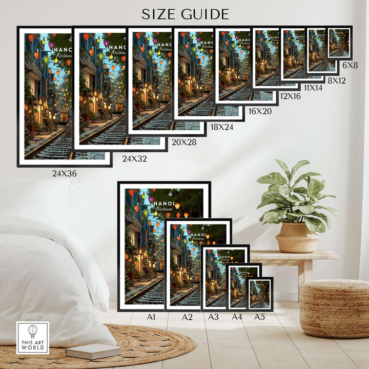 Size guide for Hanoi Vietnam Train Street print, showcasing various frame sizes in a stylish living room setting.