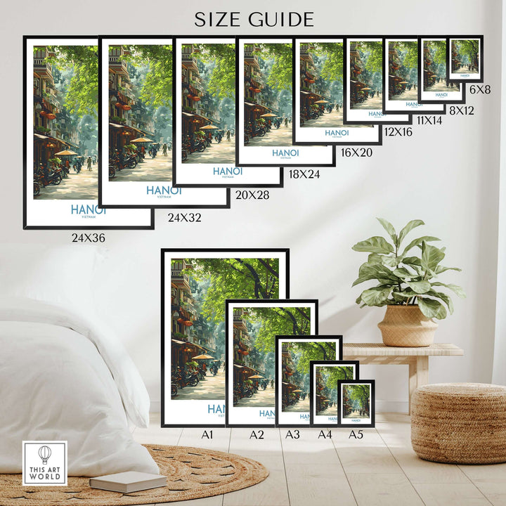 Size guide for Hanoi Vietnam street wall art poster in various dimensions, displayed in a modern living room setting.