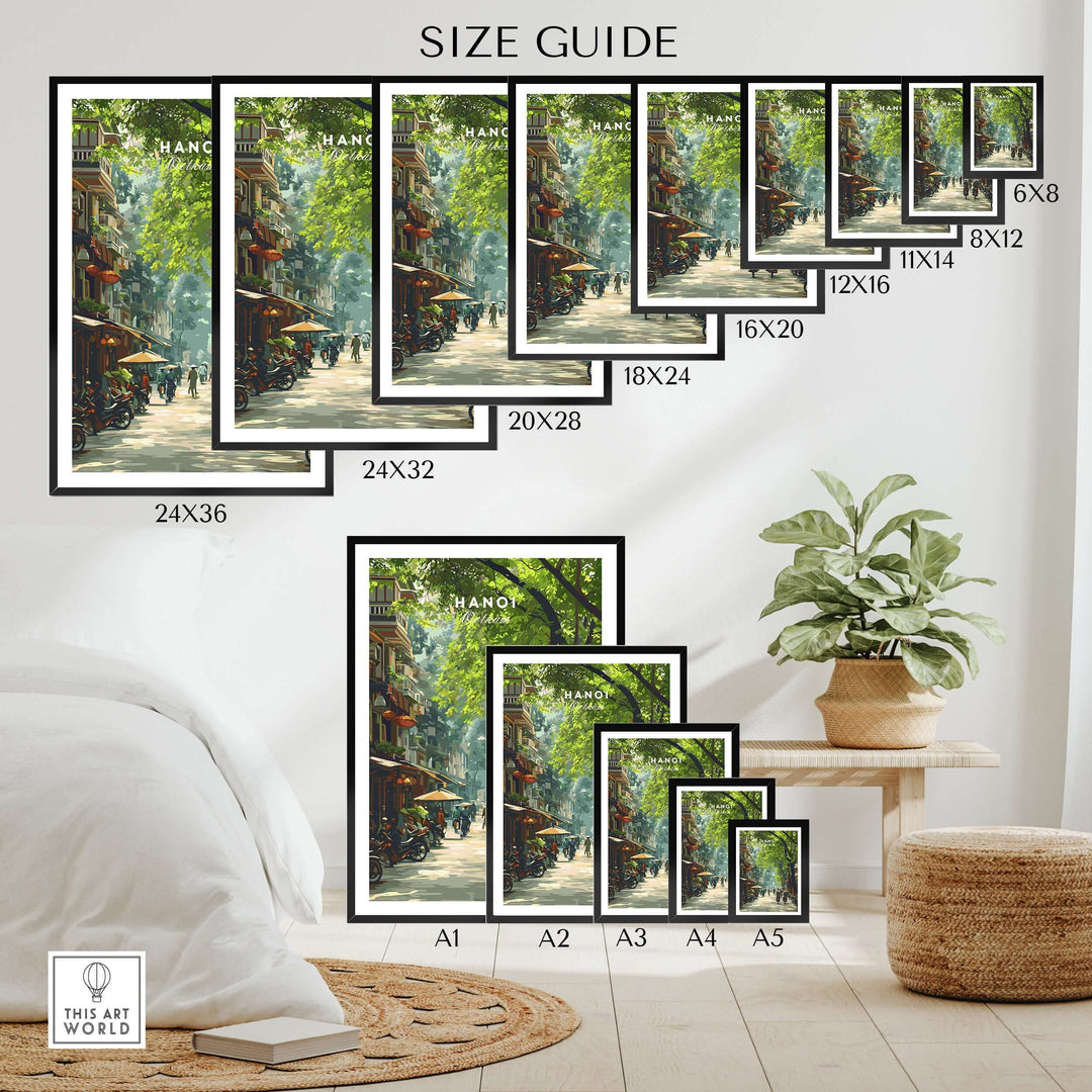 Size guide for Hanoi Vietnam city street scene poster prints in various sizes displayed in a stylish home interior.