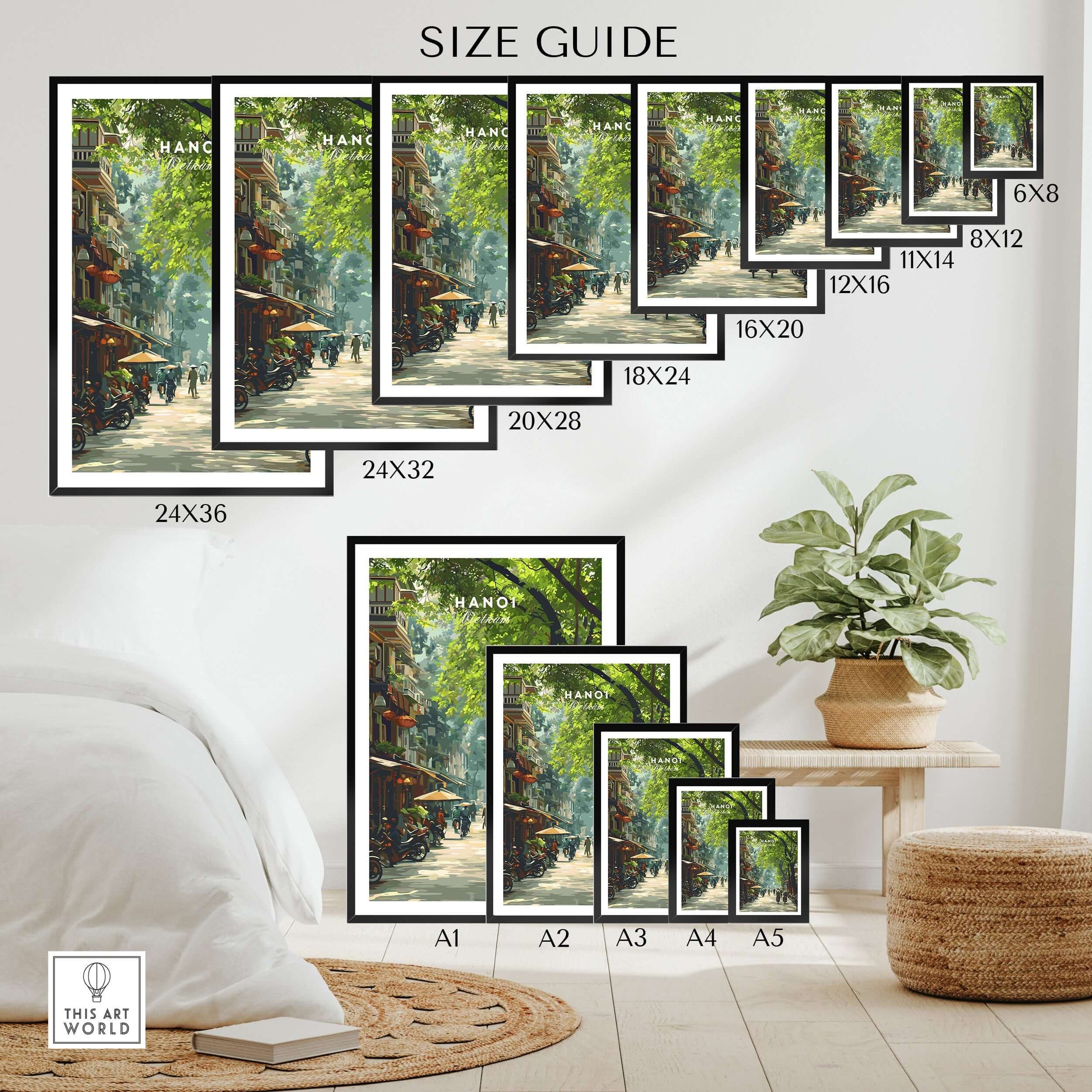 Hanoi Vietnam Poster - City Street Scene Print size guide showcasing various frame sizes in a cozy home setting.