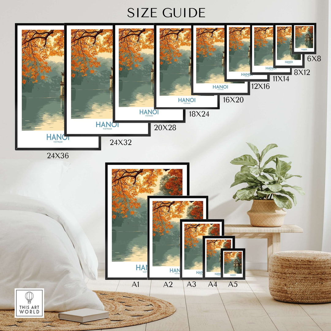 Size guide for Hanoi Turtle Tower wall art, showcasing various dimensions for wall decor options.